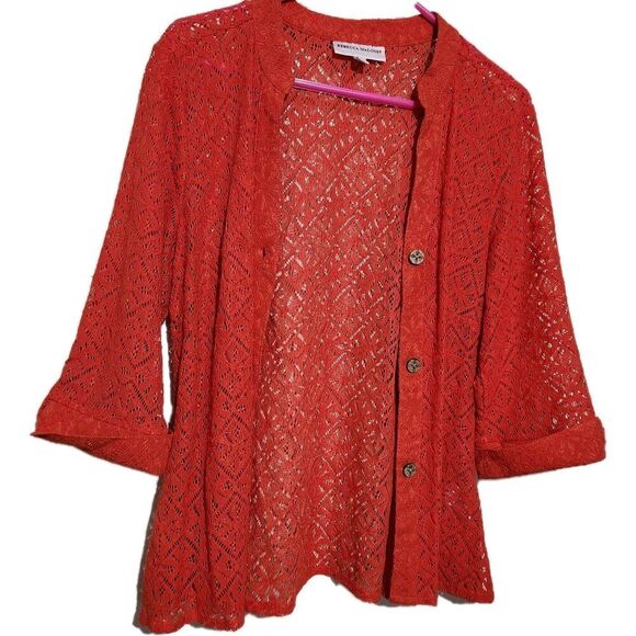 Rebecca Malone Sweaters - Rebecca Malone Cardigan Size Small Chili Lace Sheer Lightweight Front Buttons
